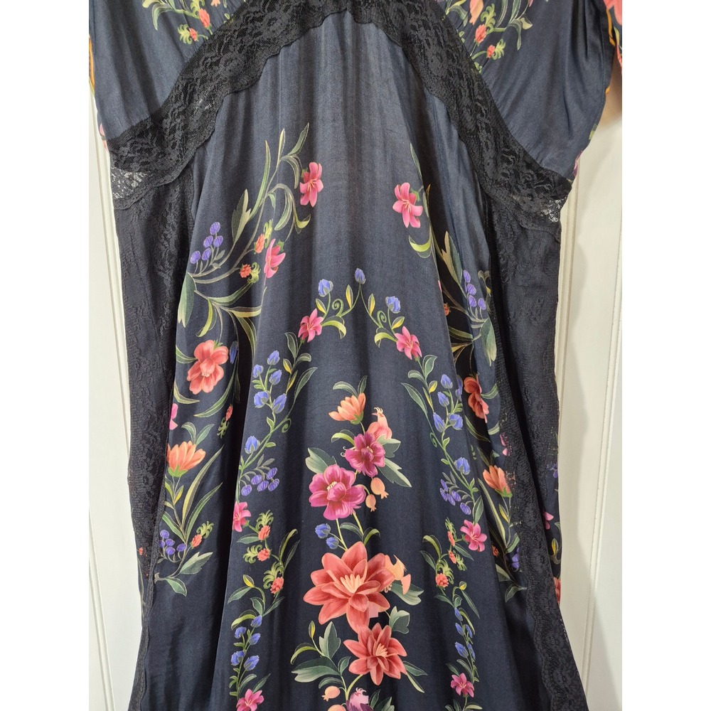 Farm Rio Black Floral Lace Trim Maxi Slip Dress Short Sleeve V-Neck XL Lined - Picture 4 of 11